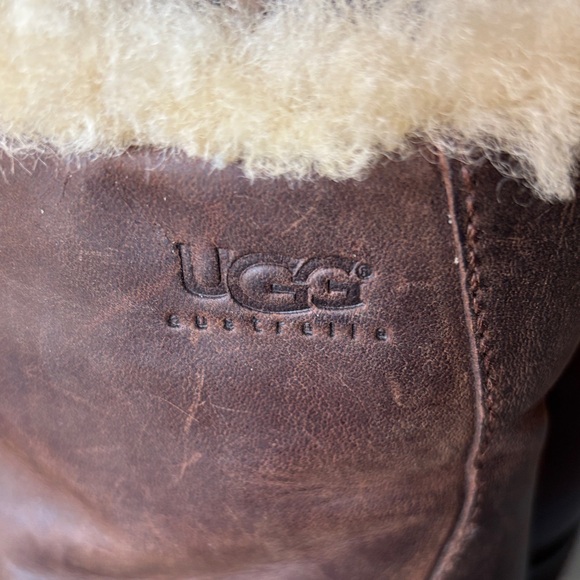 UGG Chocolate Leather Boots with Cream Shearling - Picture 3 of 9